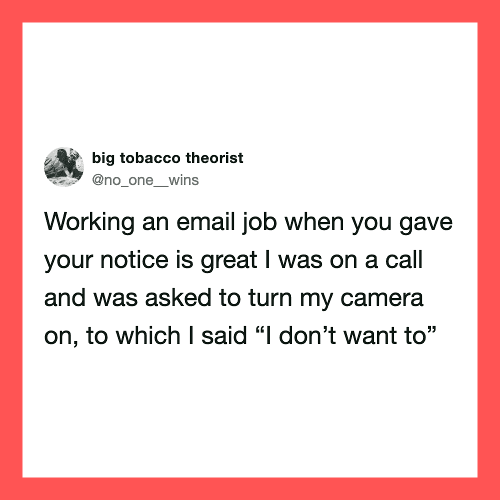 Funny tweet about giving notice at work and camera being turned on.