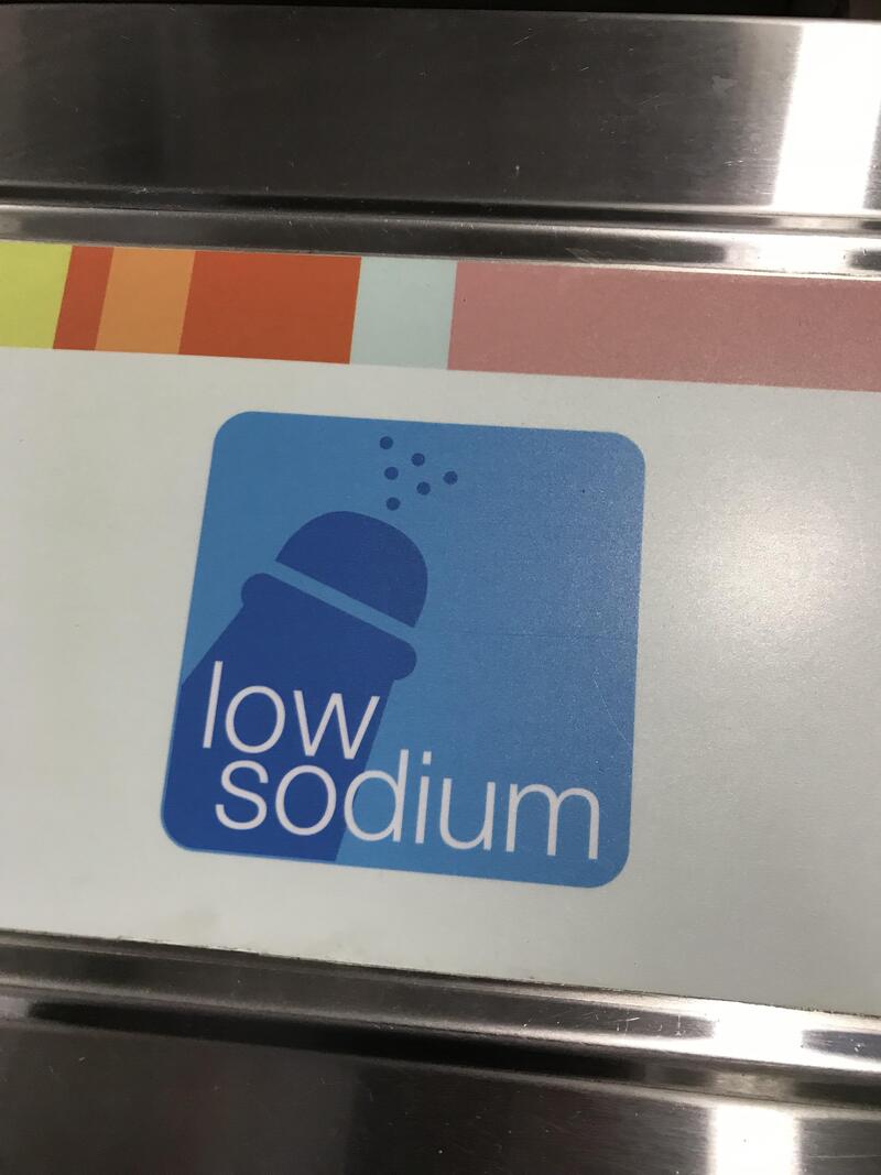 Low sodium label with a blue background and a salt shaker icon.