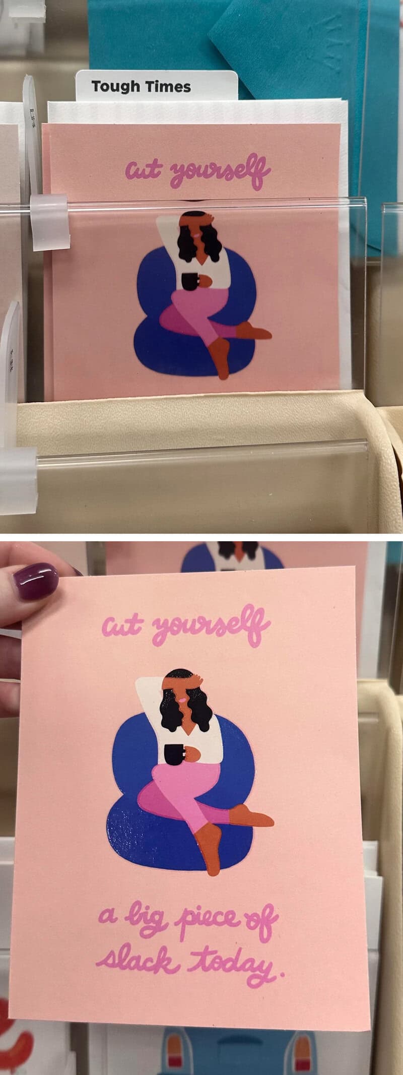 Pink note with illustration of a woman sitting on a purple chair, with text 'cut yourself' and 'abig.