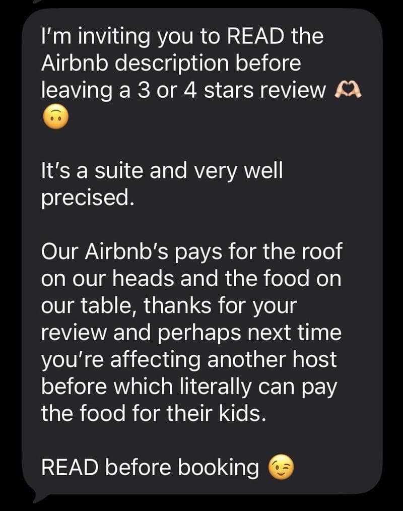 Screenshot of a message about reading Airbnb description before review.