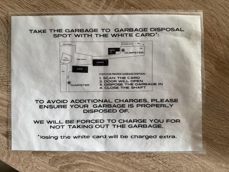 Garbage disposal instructions with diagram and steps for proper disposal.