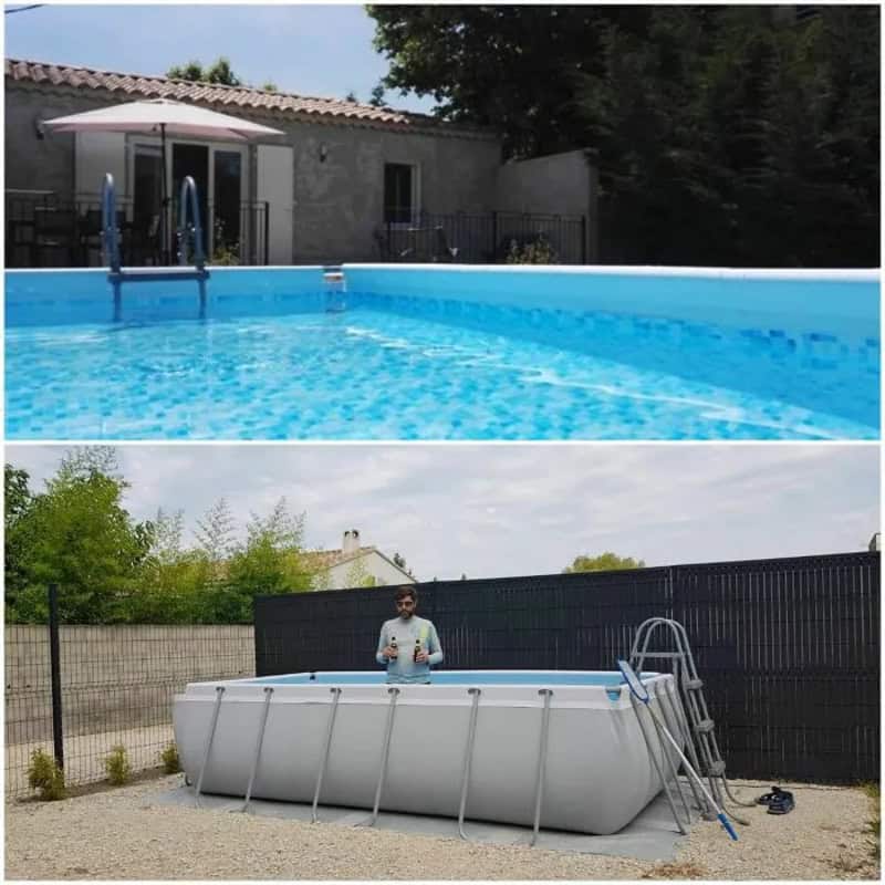 Pool and above-ground hot tub at a rental property, with a man standing nearby.