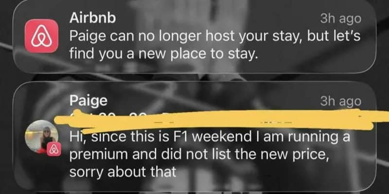 Airbnb message about hosting issues and pricing update.