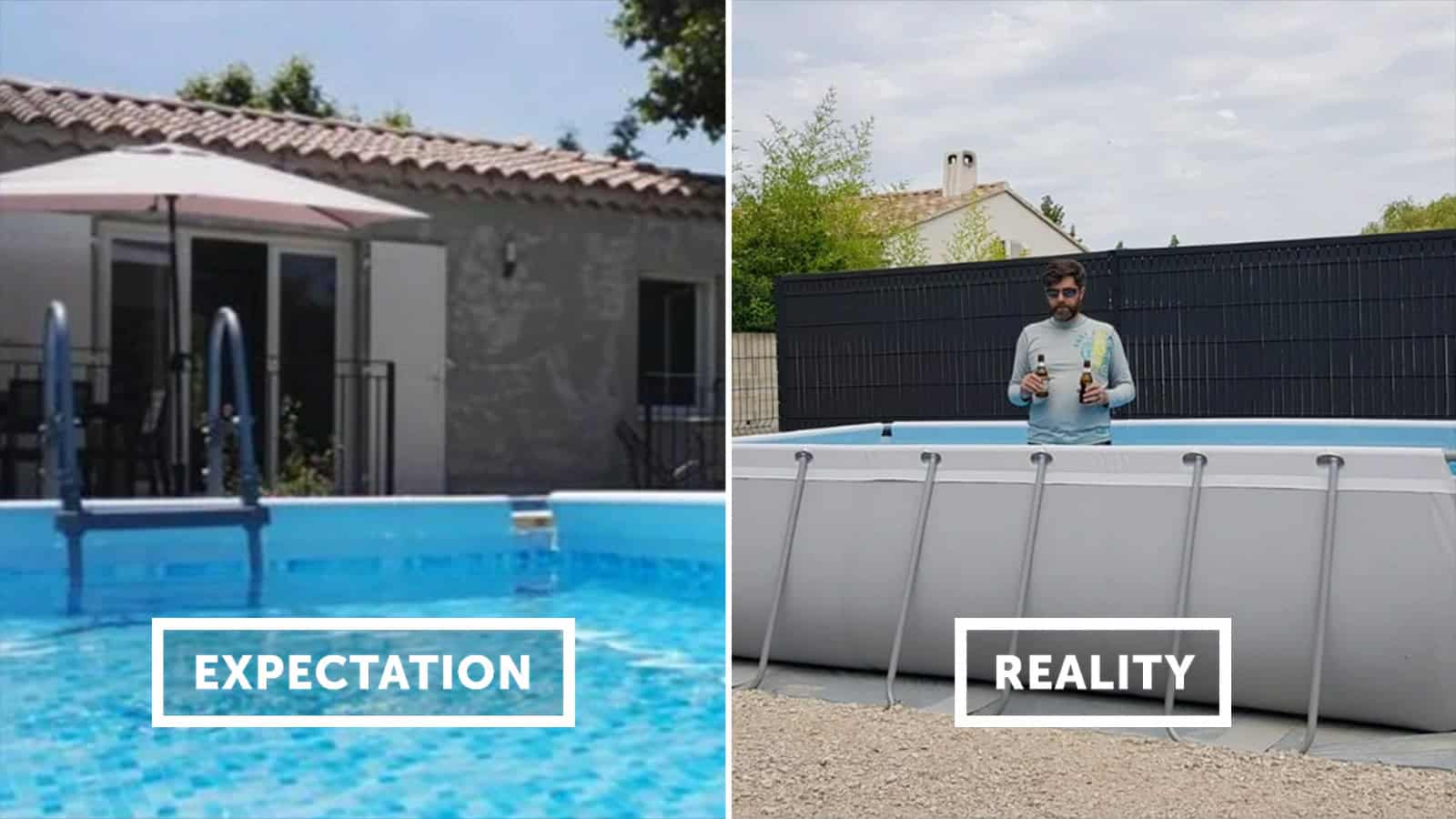 Side-by-side of a pool and a man with a small pool in the backyard.