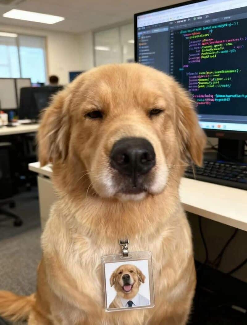 Dog with ID badge in office, sitting in front of computer screens.