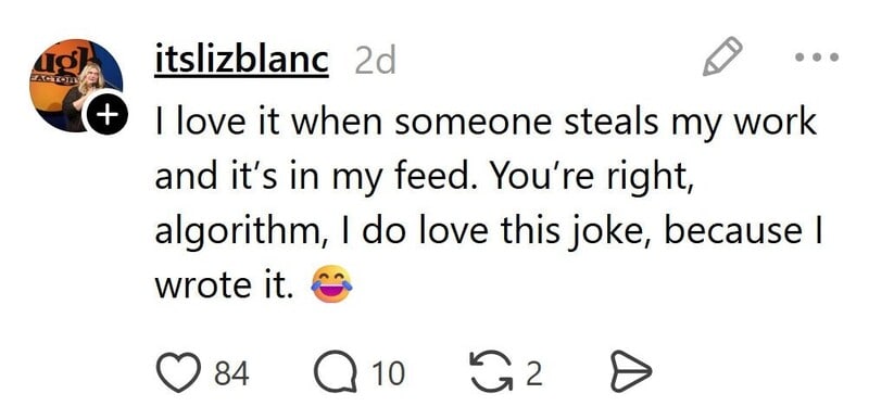 Instagram post by itslizblanc about loving a joke in her feed.