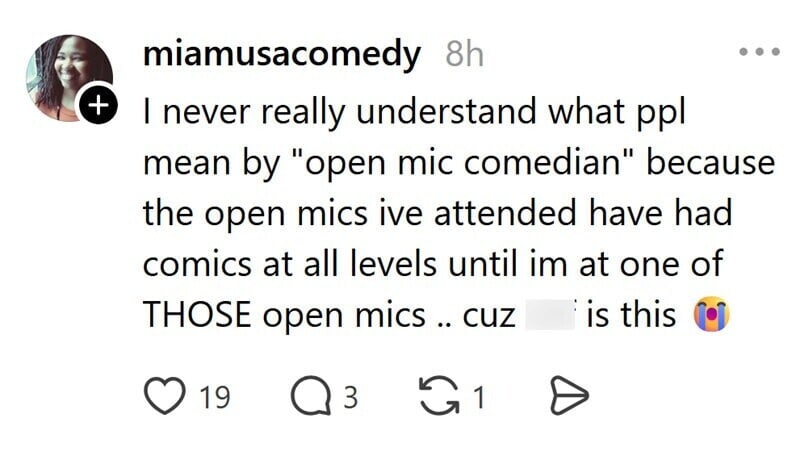 Instagram post about open mic comedians and comics at all levels.