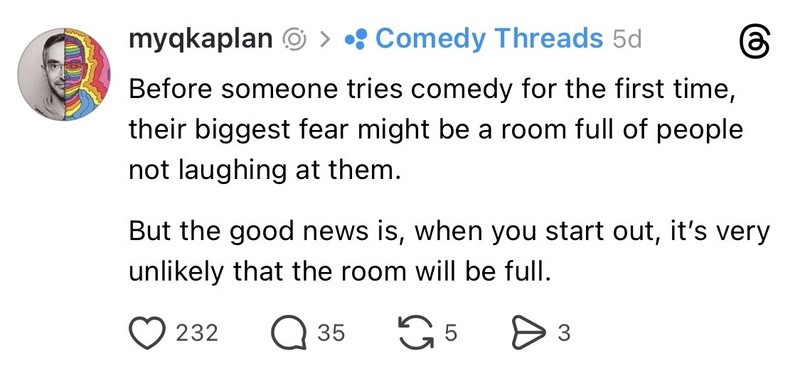 Quote about comedy and fear from a social media post.