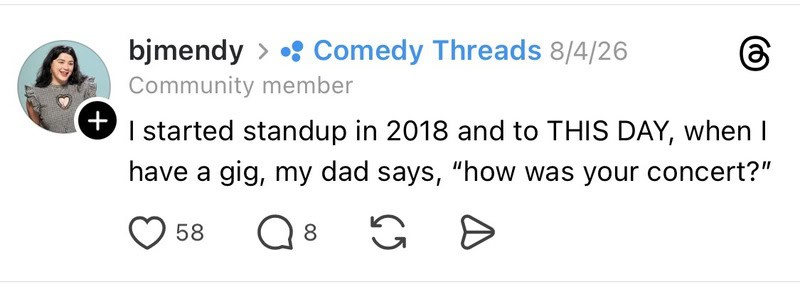Community member sharing a story about starting standup in 2018 and her dad asking about her concert.