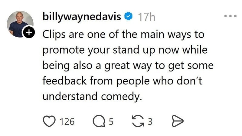 Billy Waynedavis discusses clips as a way to promote stand-up comedy and gather feedback.