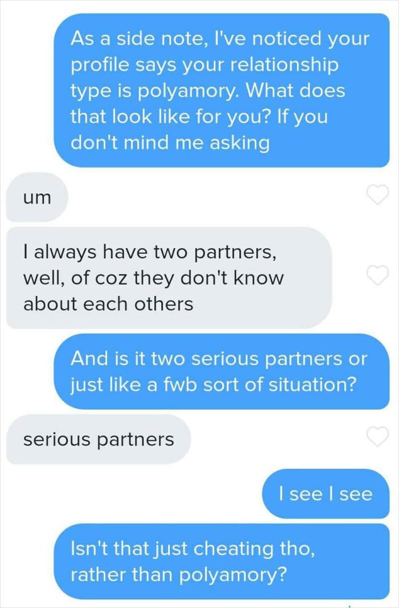 Text conversation about relationship types and cheating, with blue and gray message bubbles.