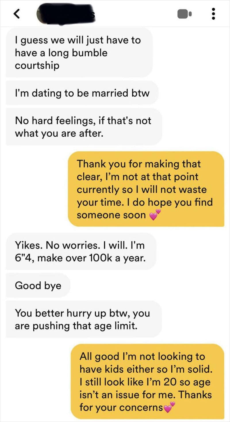 Text conversation about dating, marriage, and age limits.