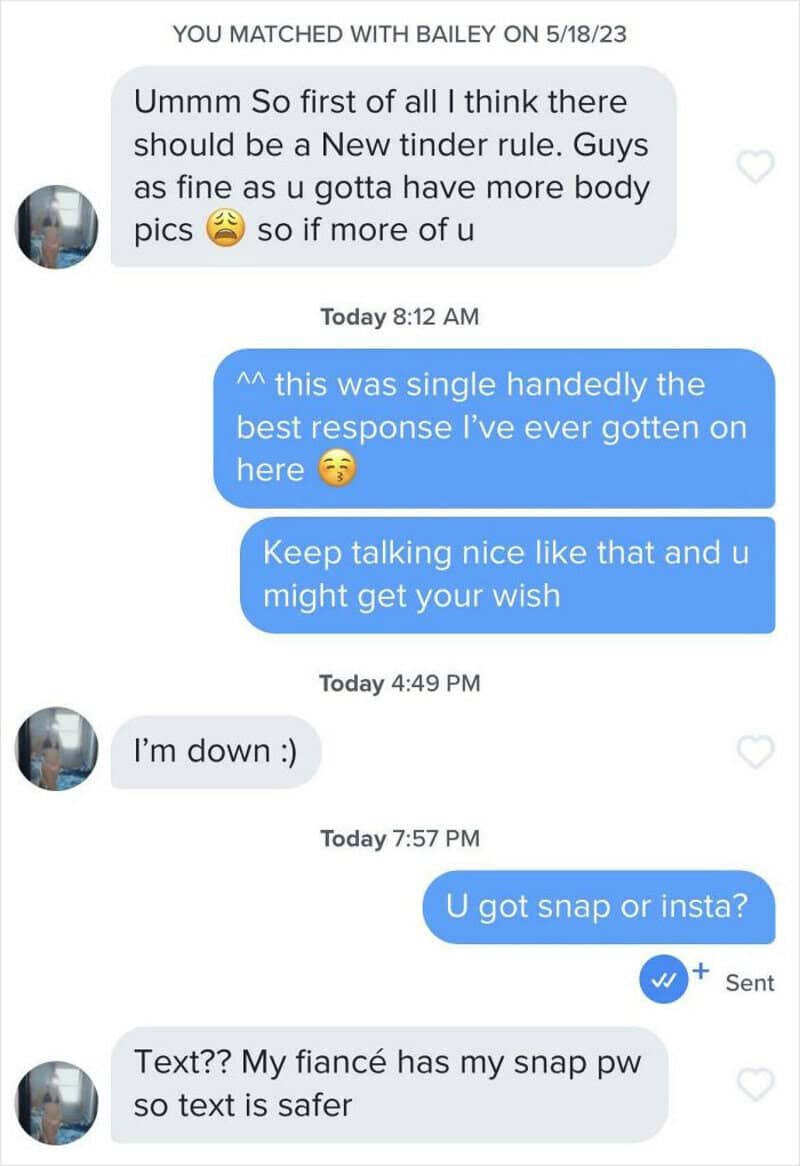 Text conversation about dating app fails, including a joke about a new Tinder rule.
