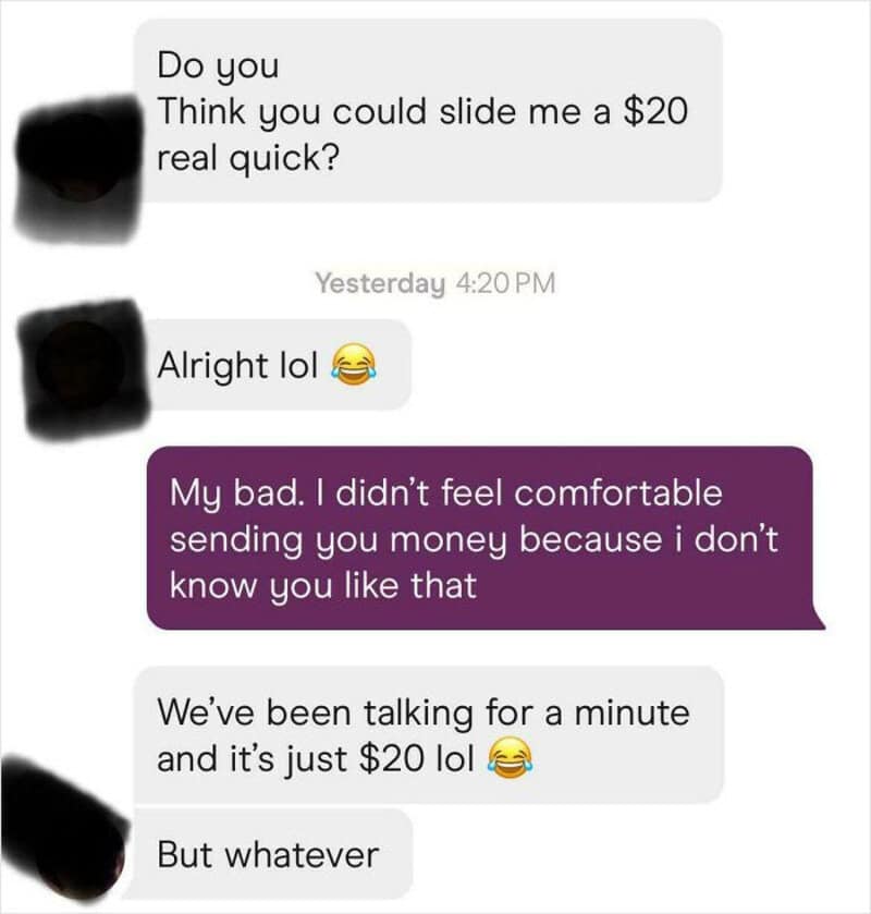 Text conversation about a $20 quick money exchange on a dating app.