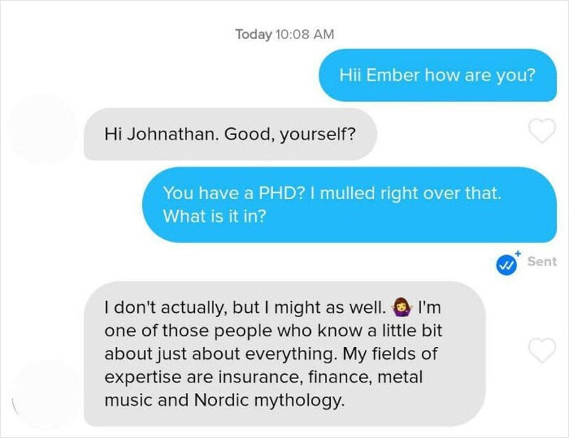 Text conversation about PhD and expertise in insurance, finance, music, and mythology.