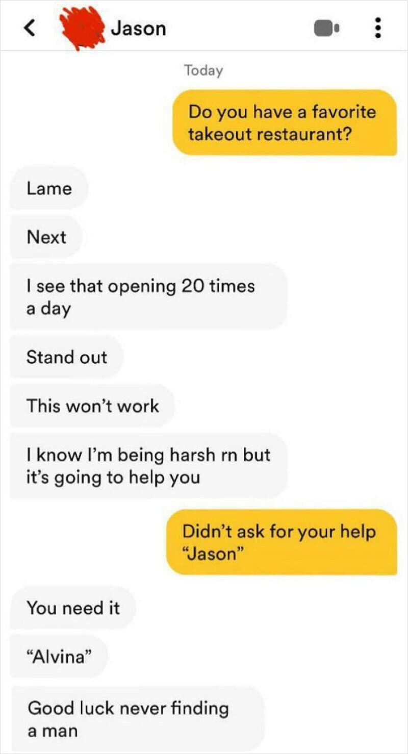 Text conversation about a failed dating app attempt with humorous comments.