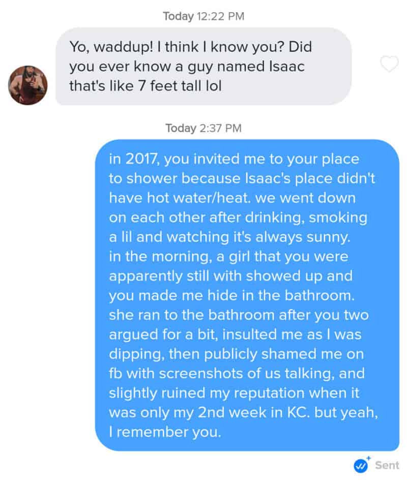 Text conversation about a guy named Isaac and a shower incident in 2017.