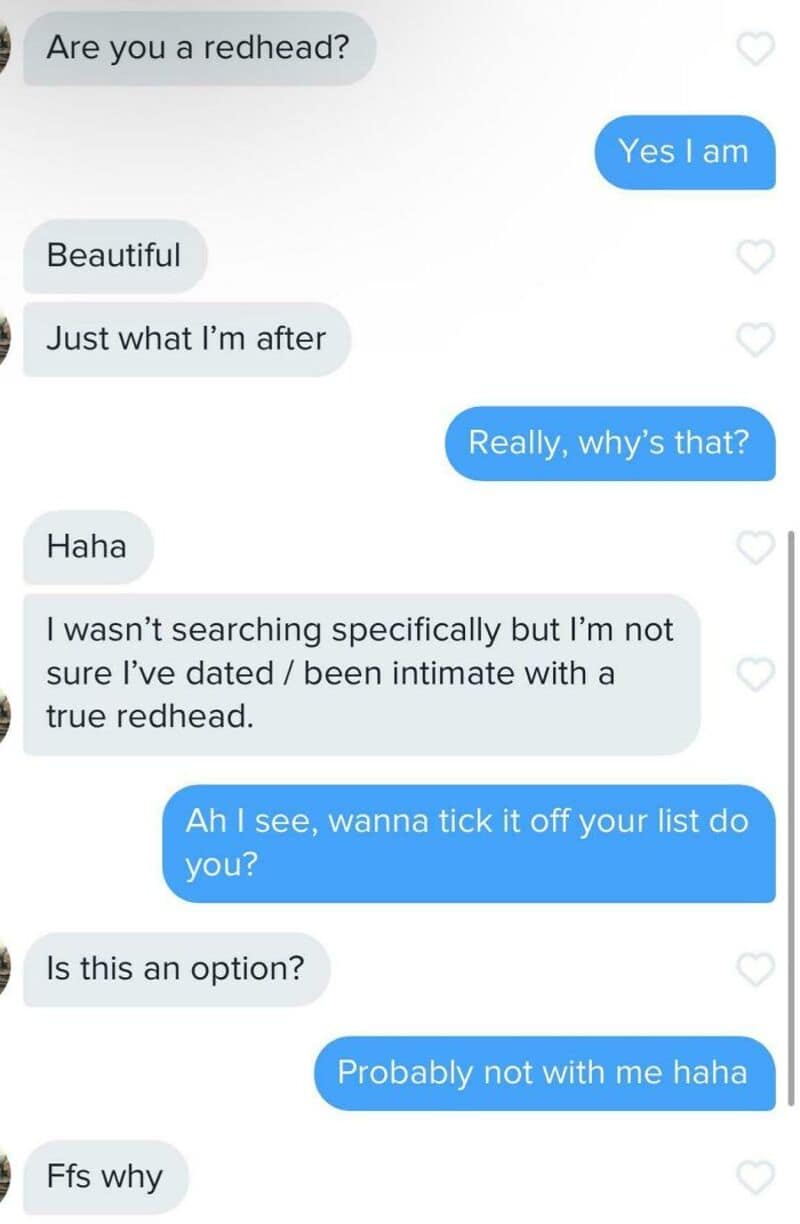 Text conversation about redheads on a dating app.