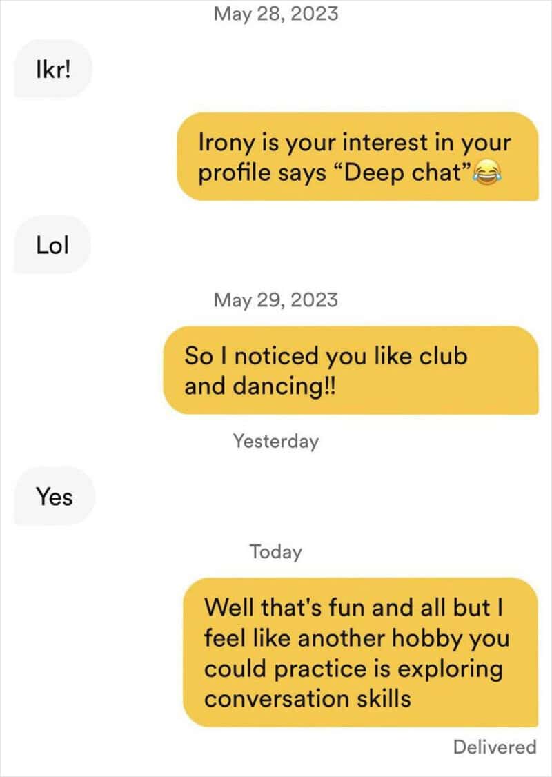 Chat conversation about dating app profile interests and hobbies.