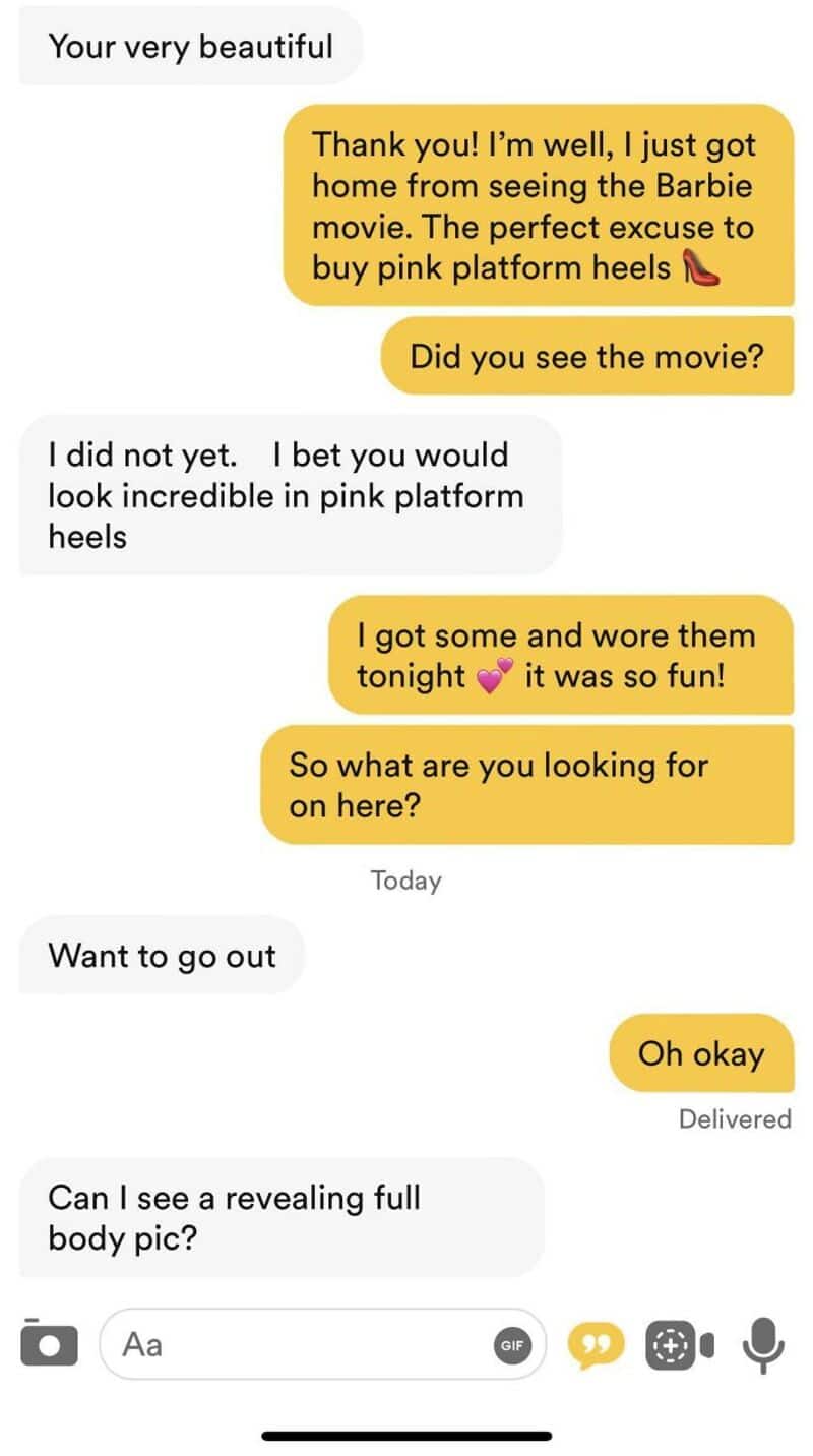 Text conversation about a Barbie movie and pink platform heels.