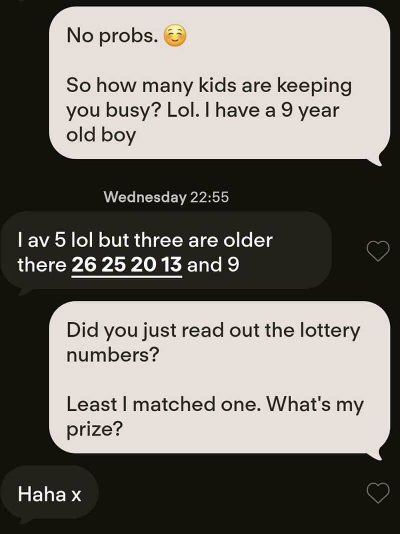 Text conversation about kids, lottery numbers, and a prize.