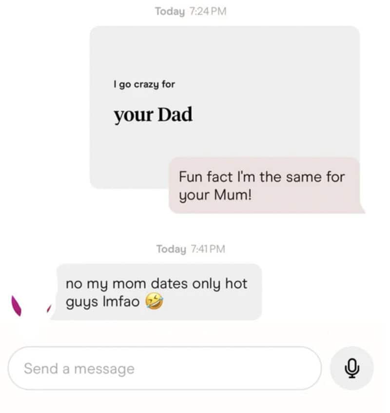 Text conversation about dating, mentioning 'your Dad' and 'hot guys' with emojis.