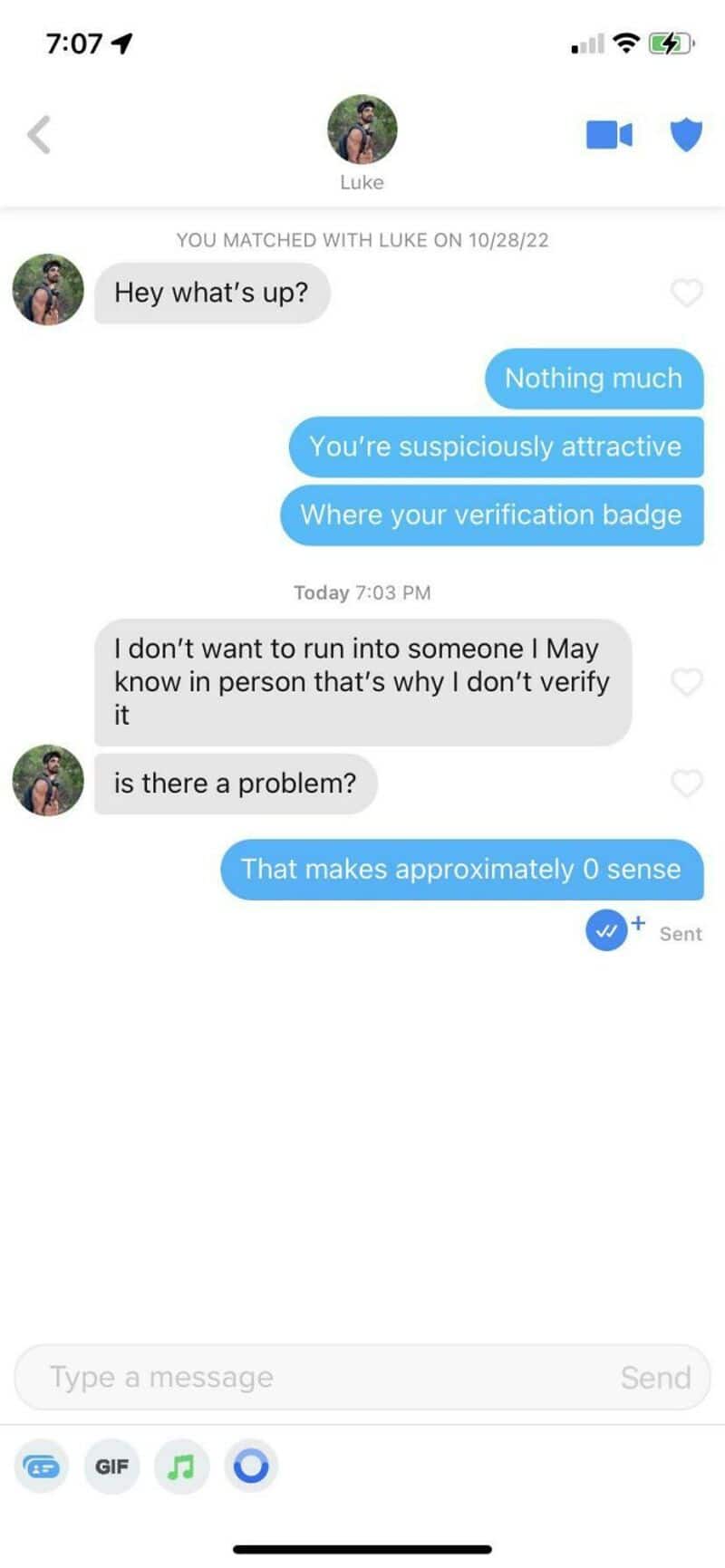 Text conversation on a dating app about verification badge and trust issues.
