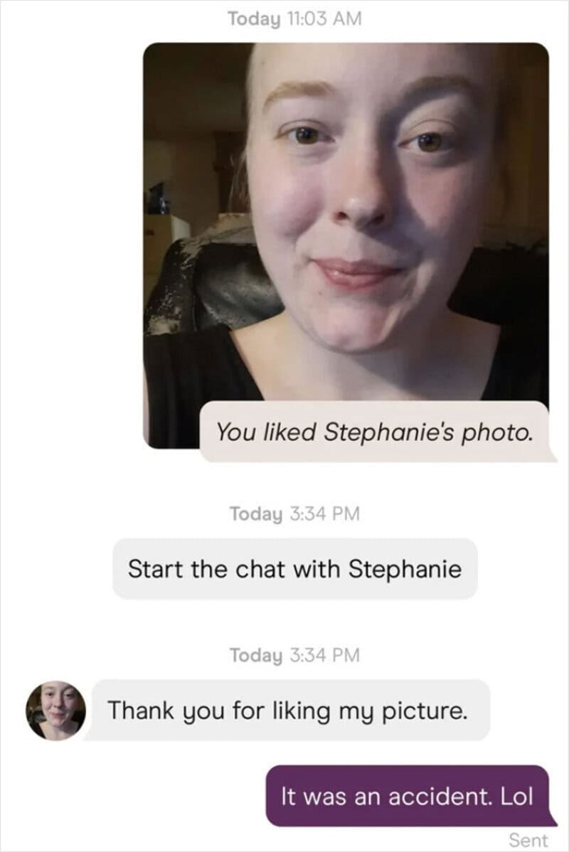 Screenshot of a chat conversation with a woman and a message saying 'It was an accident. Lol'.