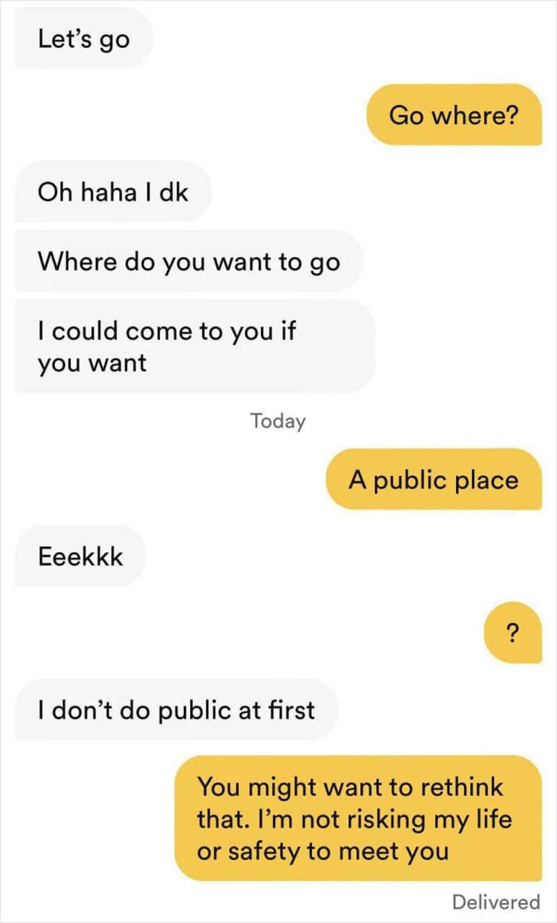 Text conversation about going to a public place, with cautious responses.