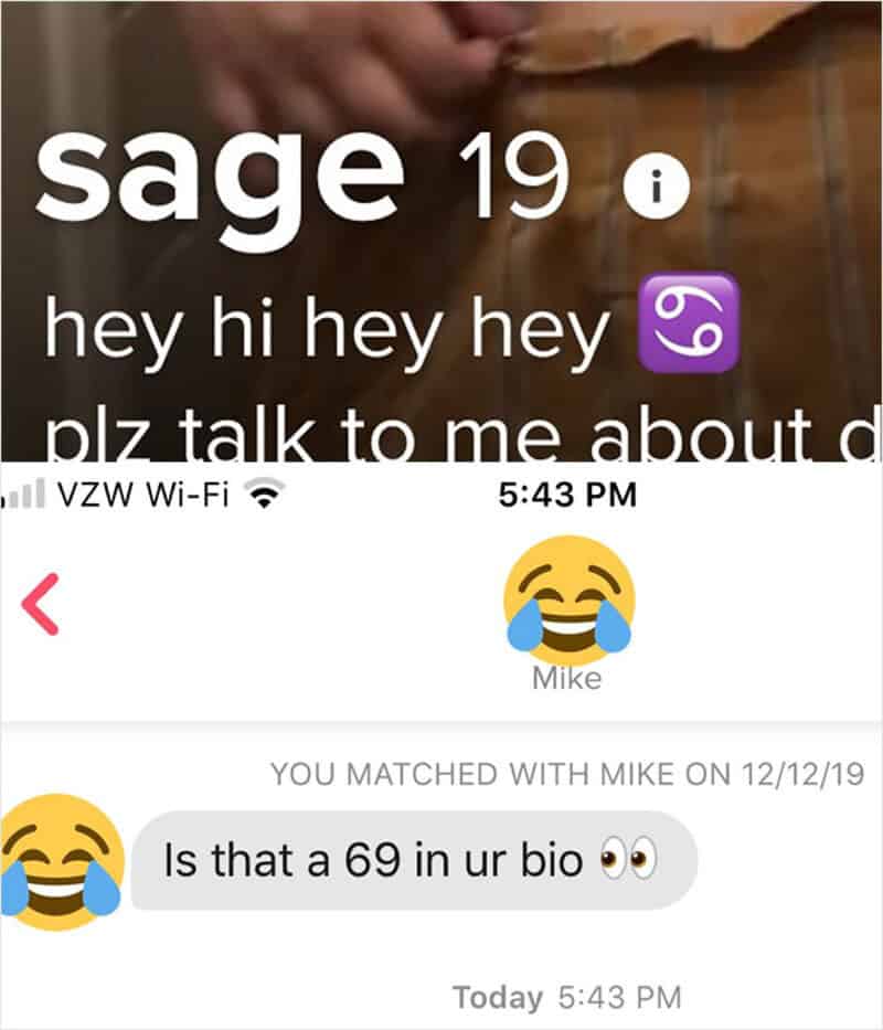 Sage 19, chatting on a dating app, with a message about a 69 in bio.