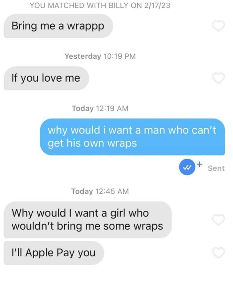 Text conversation about wraps and Apple Pay, with humorous tone.