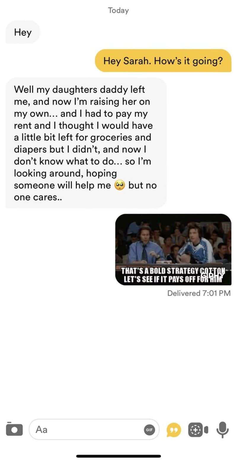 Text conversation about a daughter leaving, paying rent, and a humorous meme about a bold strategy.