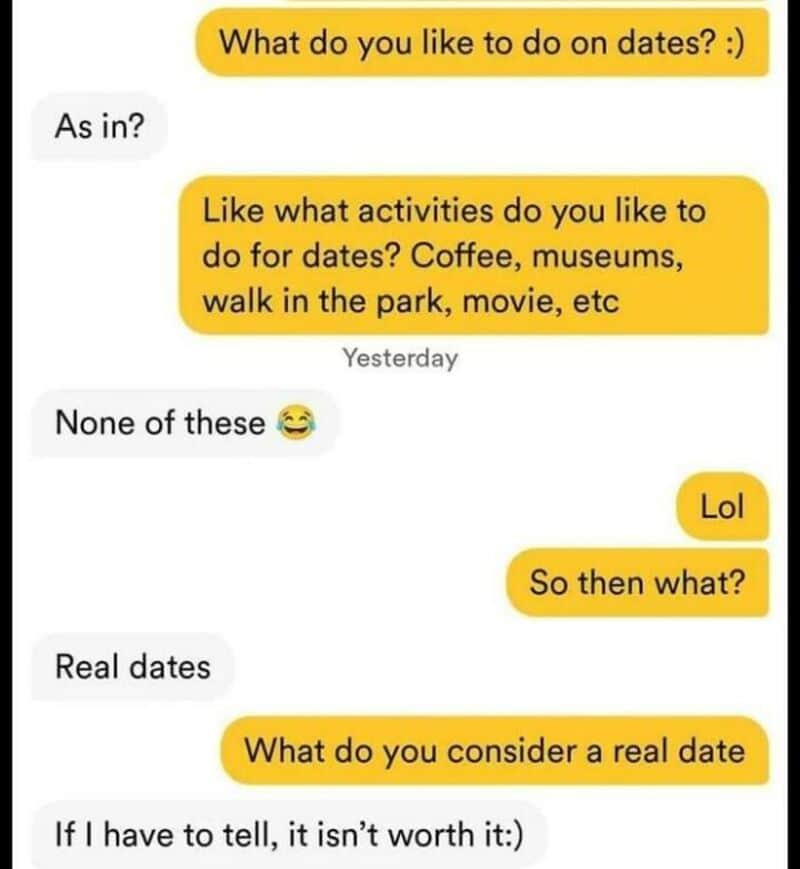 Text conversation about dating activities and what constitutes a real date.