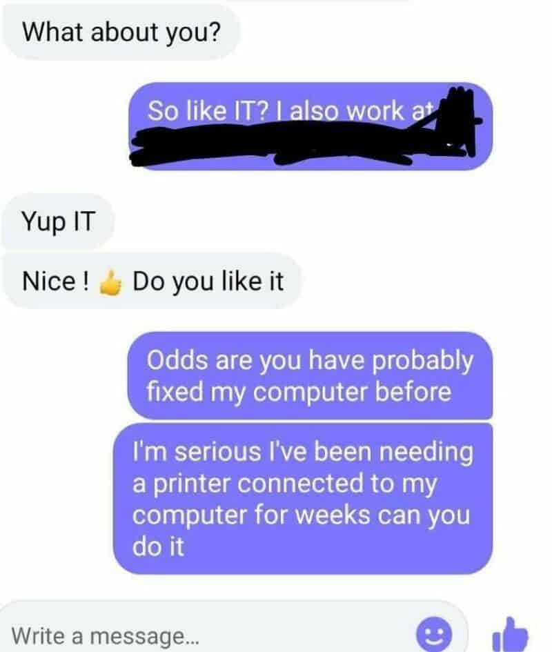 Text conversation about IT work and fixing a computer, with humorous tone.