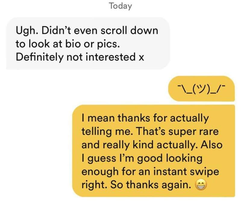 Text conversation about dating app fails, with humorous emoji responses.