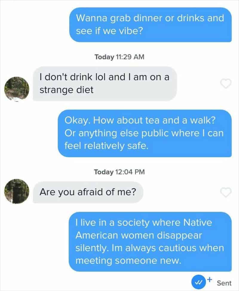 Text conversation about dinner, drinks, and fears of Native American women disappearing.
