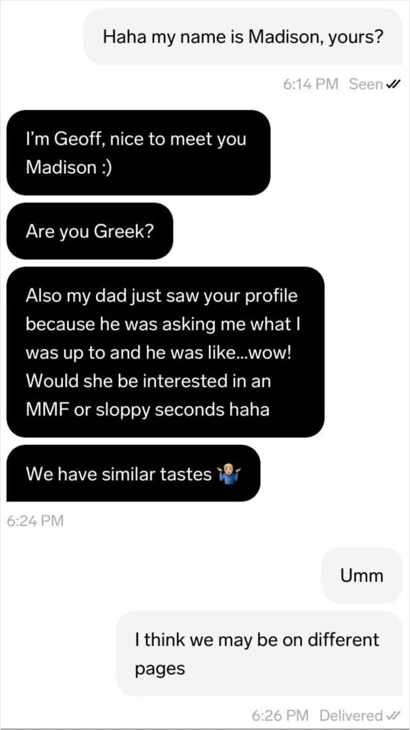 Chat conversation about dating app fails, mentioning names and profile details.
