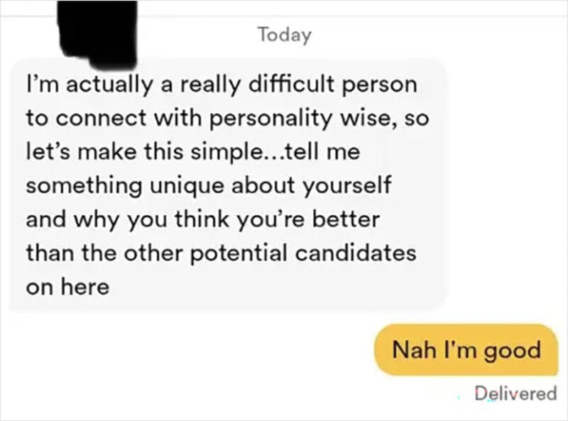 Text conversation about personality and dating, with a humorous reply.