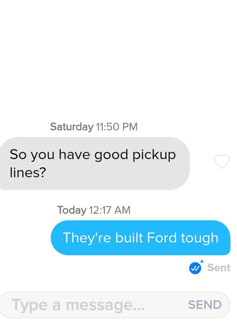 Text conversation about pickup lines and Ford trucks.