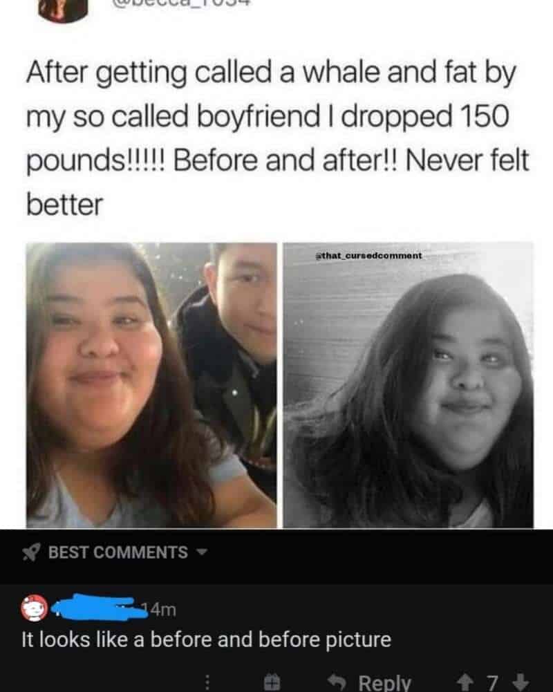 Before and after picture of a girl with a caption about weight loss and a humorous comment.