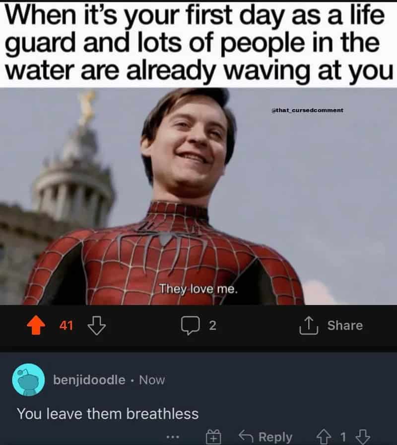 Spider-Man smiling with water and people in the background, meme about first day as a lifeguard.