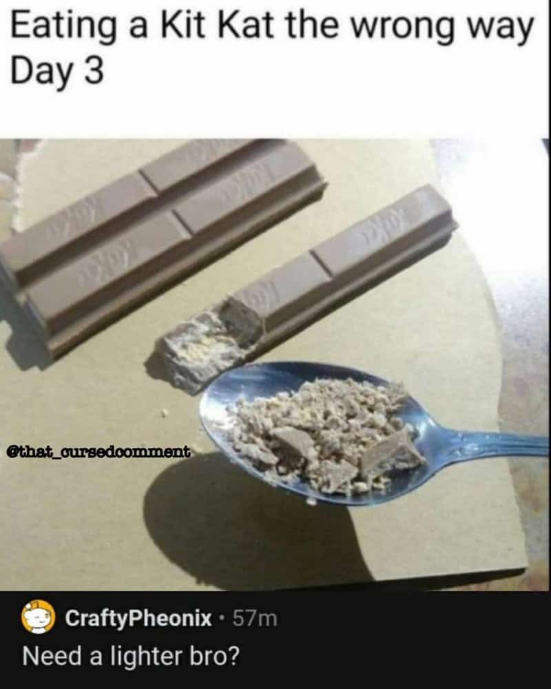 Eating a Kit Kat the wrong way Day 3 with a broken piece and spoonful of cereal.