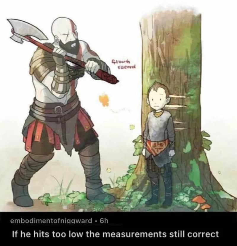 A cartoon of a warrior hitting a boy with an axe, with the caption about measurements.