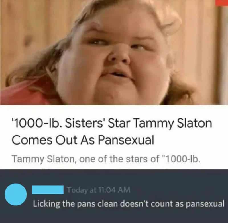 Image of a girl with a humorous caption about licking pans and being pansexual.