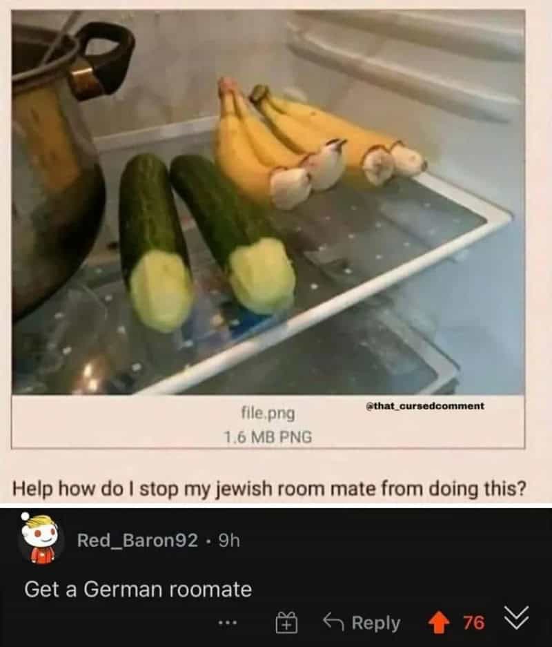 Bananas and cucumbers in the fridge with a humorous comment about a Jewish roommate.