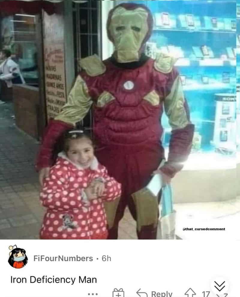 Child with Iron Man costume and a person in a mask inside a store.