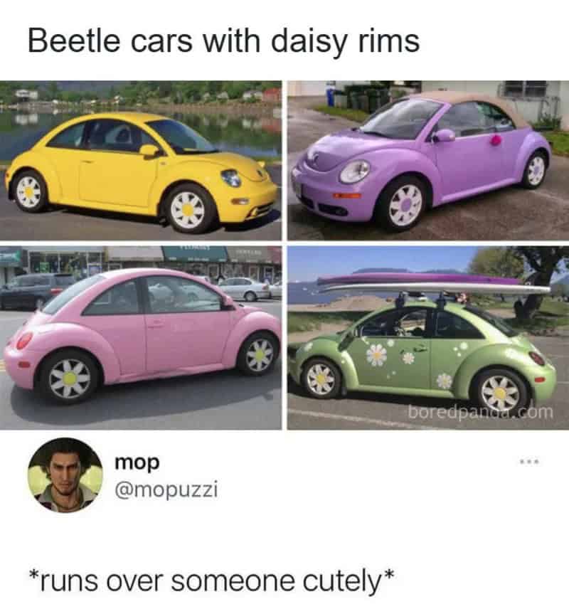 Colorful beetle cars with daisy rims, including yellow, purple, pink, and green with daisies.