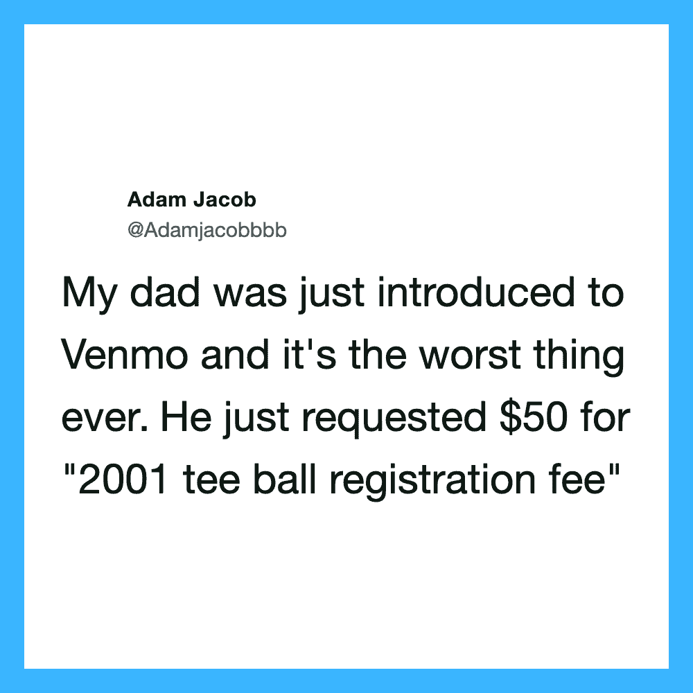 Twitter post by Adam Jacob about his dad and Venmo request for a tee ball fee.