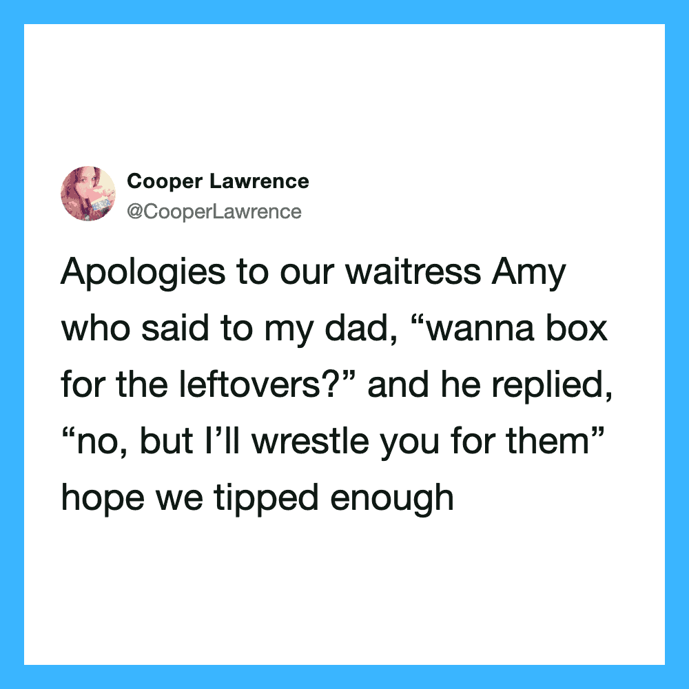 Cooper Lawrence's tweet about waitress Amy and dad's wrestling joke.