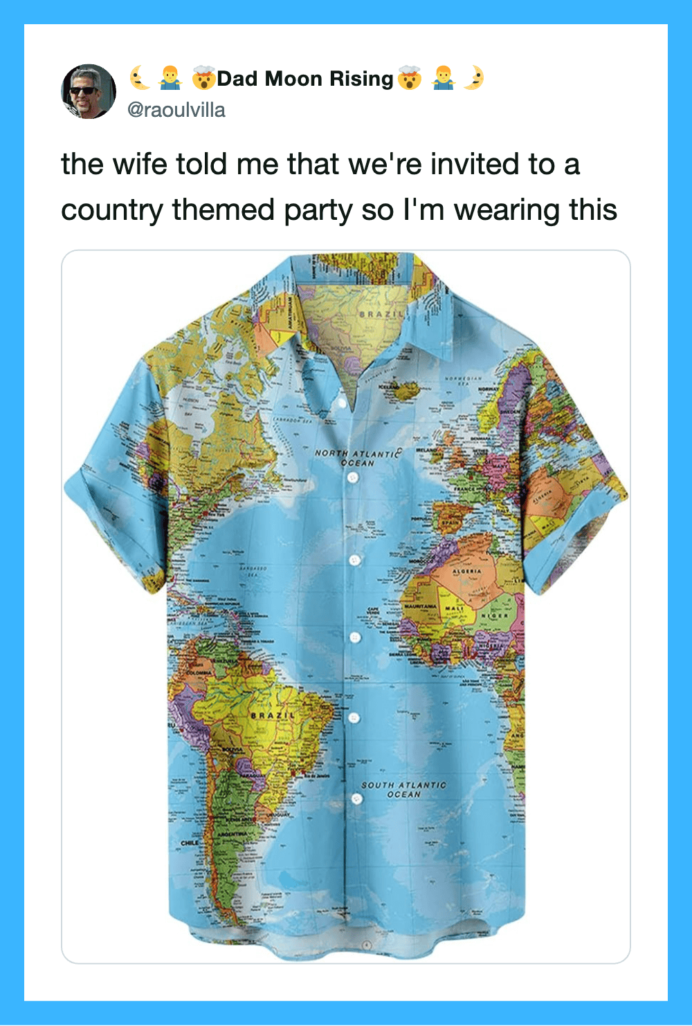 Man wearing a country-themed map shirt for a party.